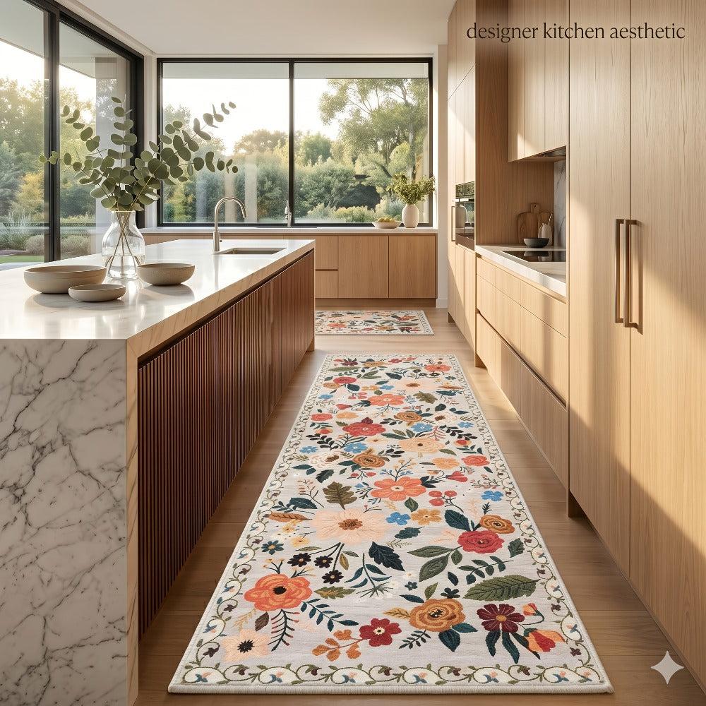 Area Rug Bohemian Floral Plush Runner with Four Machine-Washable Sizes for Bedroom or Kitchen