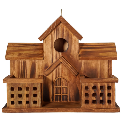 Three-Opening Wooden Birdhouse with Raised Center Roof, Twin Perched Side Trays and Hanging Loop