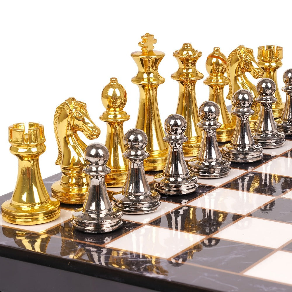 Metal Chess Set with 11.5-Inch Marble-Look Storage Board, Zinc Alloy Pieces and Extra Queens