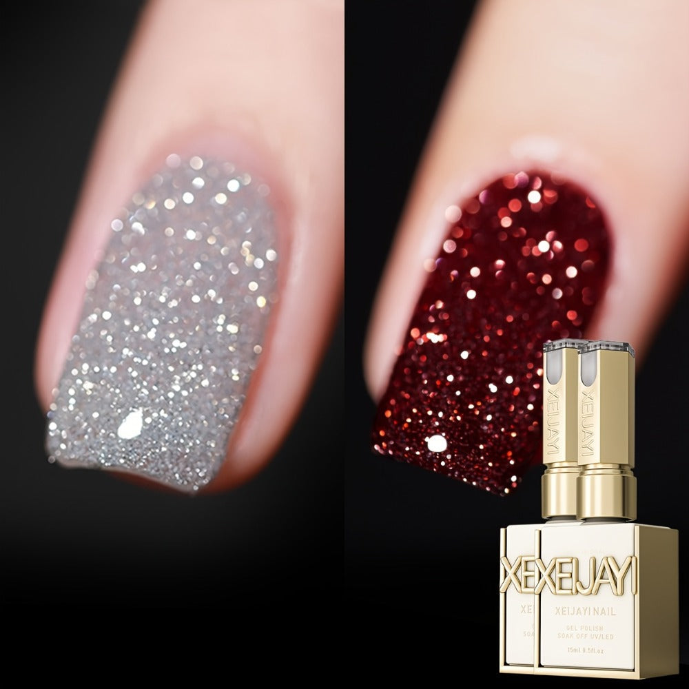 Gel Nail Polish 2-Piece Shattered-Flash Set in Silvery Red No.104 and No.105 Gilt Bottles for Nail Art