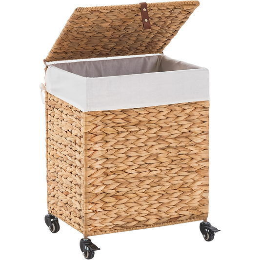 Laundry Basket with Lid & Handles - Handwoven Water Hyacinth Wicker Hamper, Removable Cotton Liner, 2 Mesh Bags, Boho Style, 9.25/17.17/25.1 Gal with Optional Casters