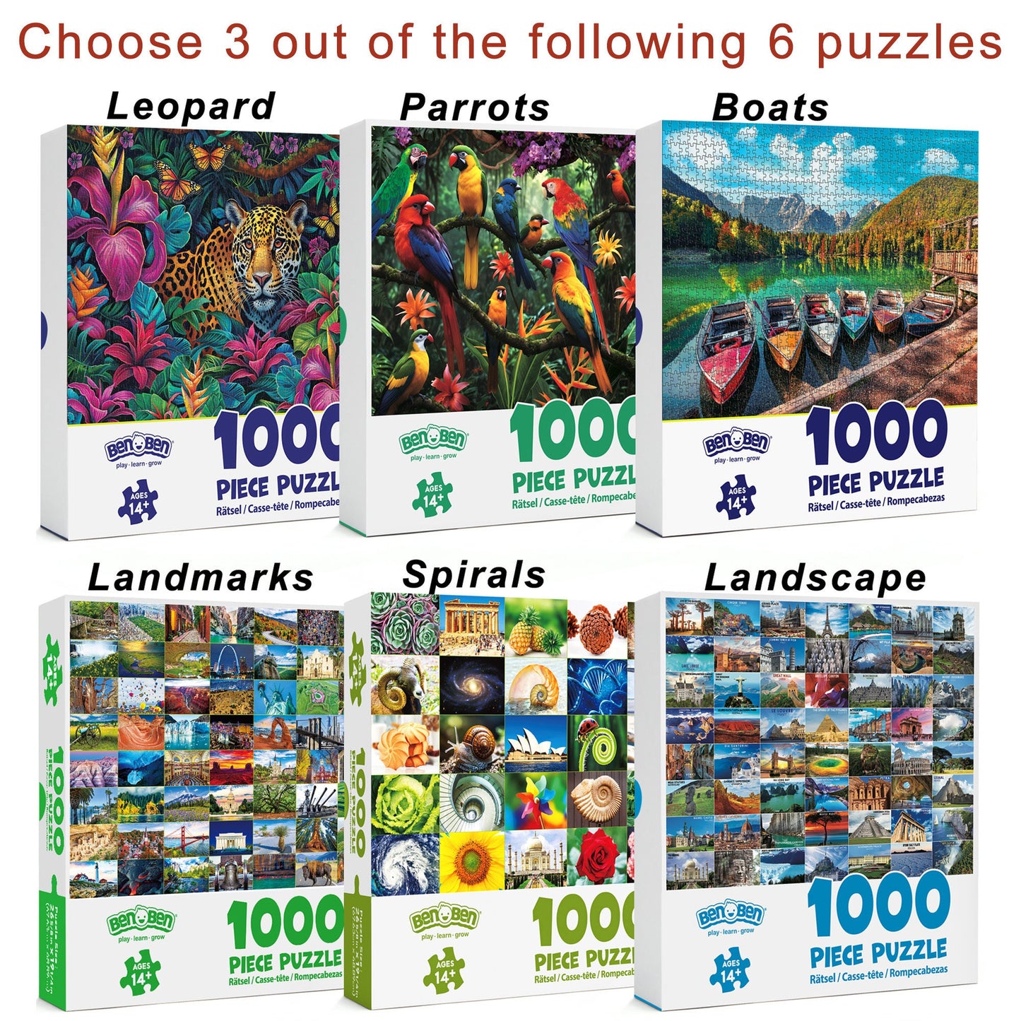 Adult 1000-Piece Jigsaw Puzzle Three-Pack with 20 Wildlife, Scenic and Pattern Theme Combinations