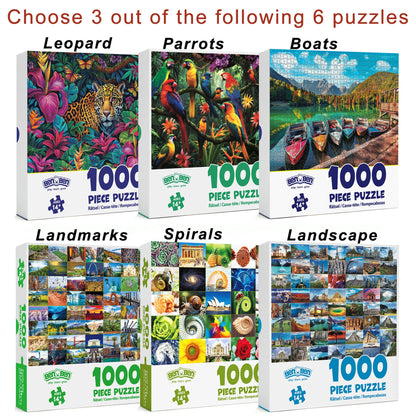 Adult 1000-Piece Jigsaw Puzzle Three-Pack with 20 Wildlife, Scenic and Pattern Theme Combinations