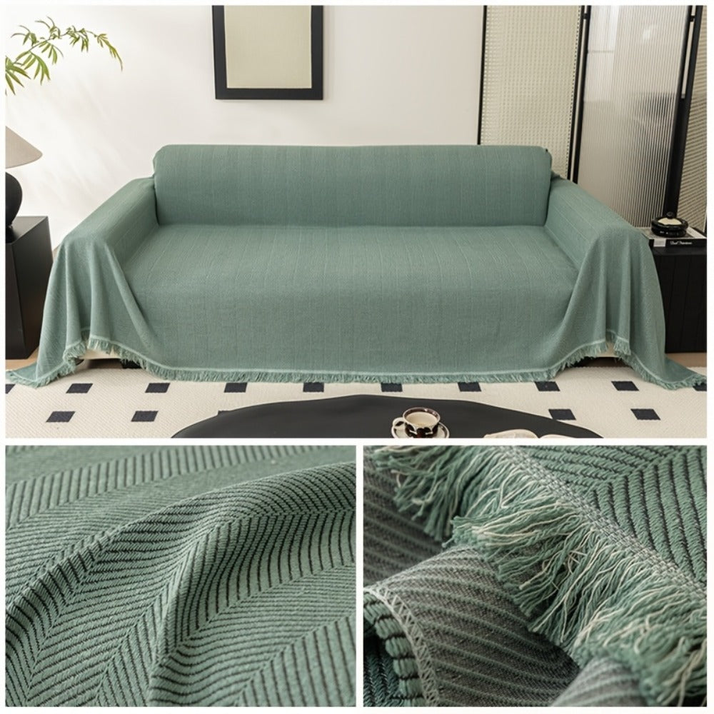 Sofa Cover 71-Inch Herringbone Jacquard Woven Throw with Tassel Fringe in Grey, Coffee, Green or Blue