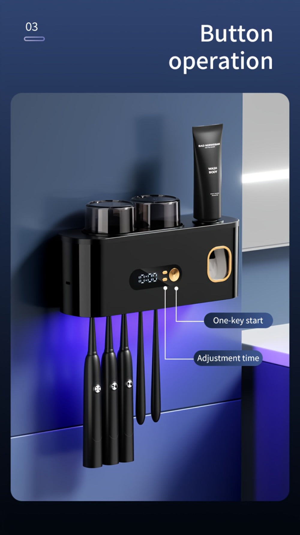 Five-Slot Wall-Mounted Toothbrush Holder with Two Cups, Toothpaste Dispenser and Digital Display