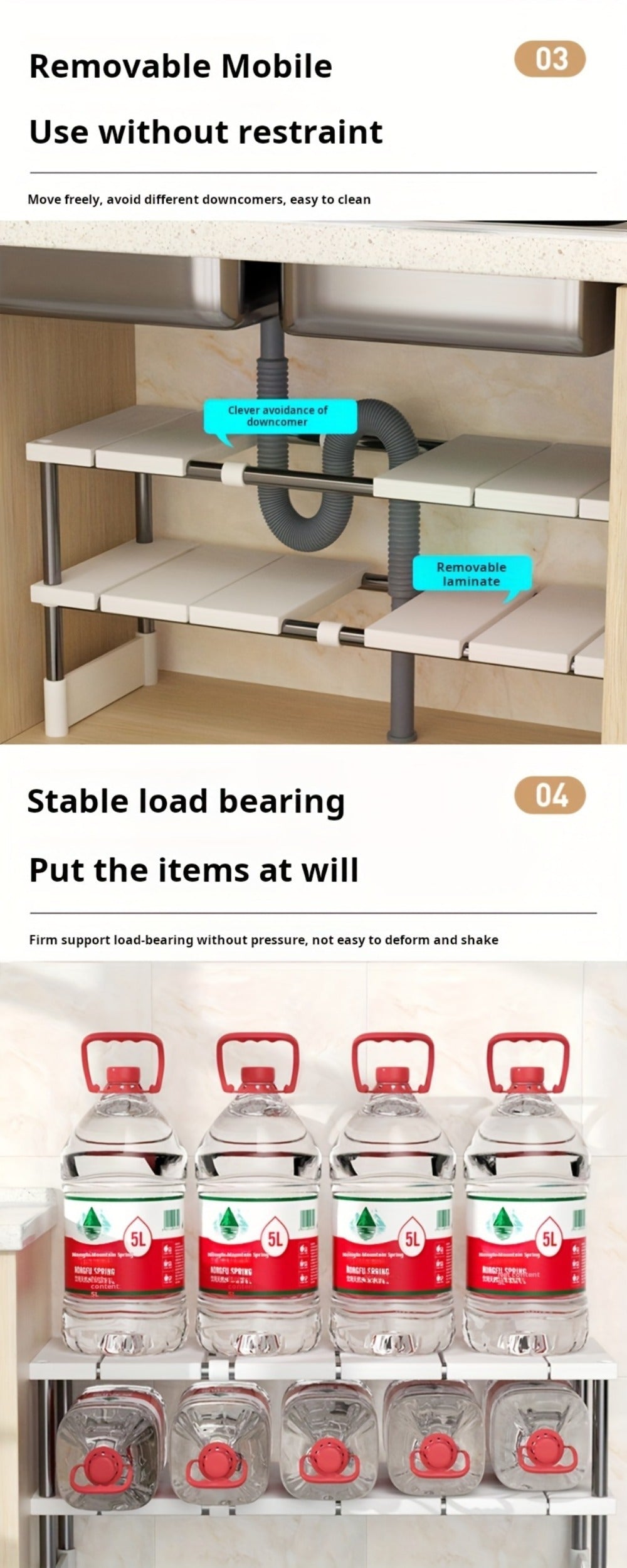 Adjustable Under-Sink Organizer with White Single-Layer Sliding Panels, Metal-Look Supports and Central Plumbing Gap