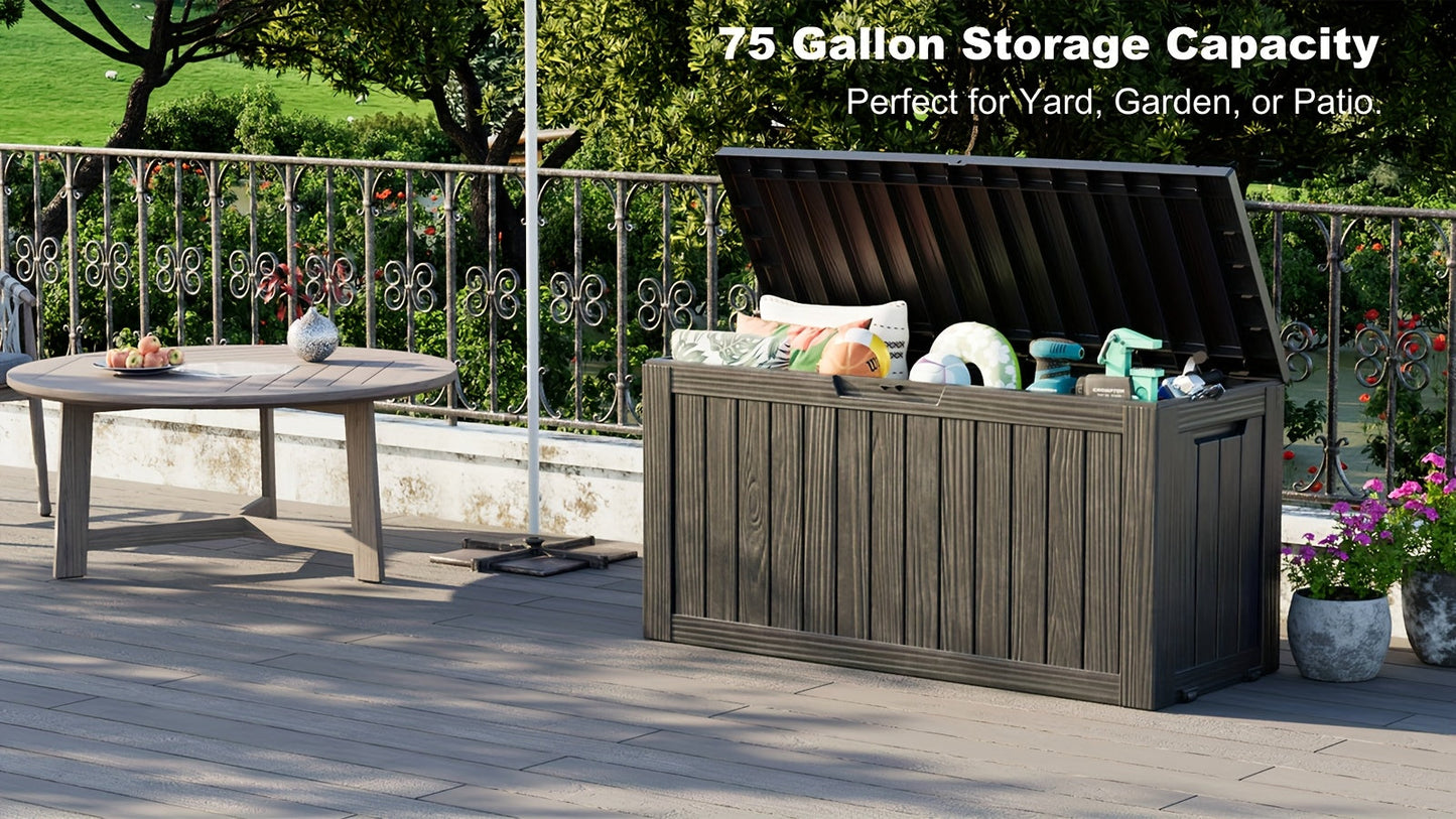 75-Gallon Outdoor Storage Deck Box with Hinged Lid, Side Grips, Small Wheels and Two Color Options