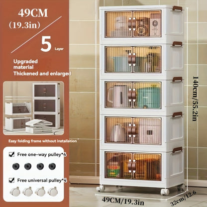 Storage Cabinet 49cm Foldable Rolling Organizer with Translucent Doors and Two to Five Layers