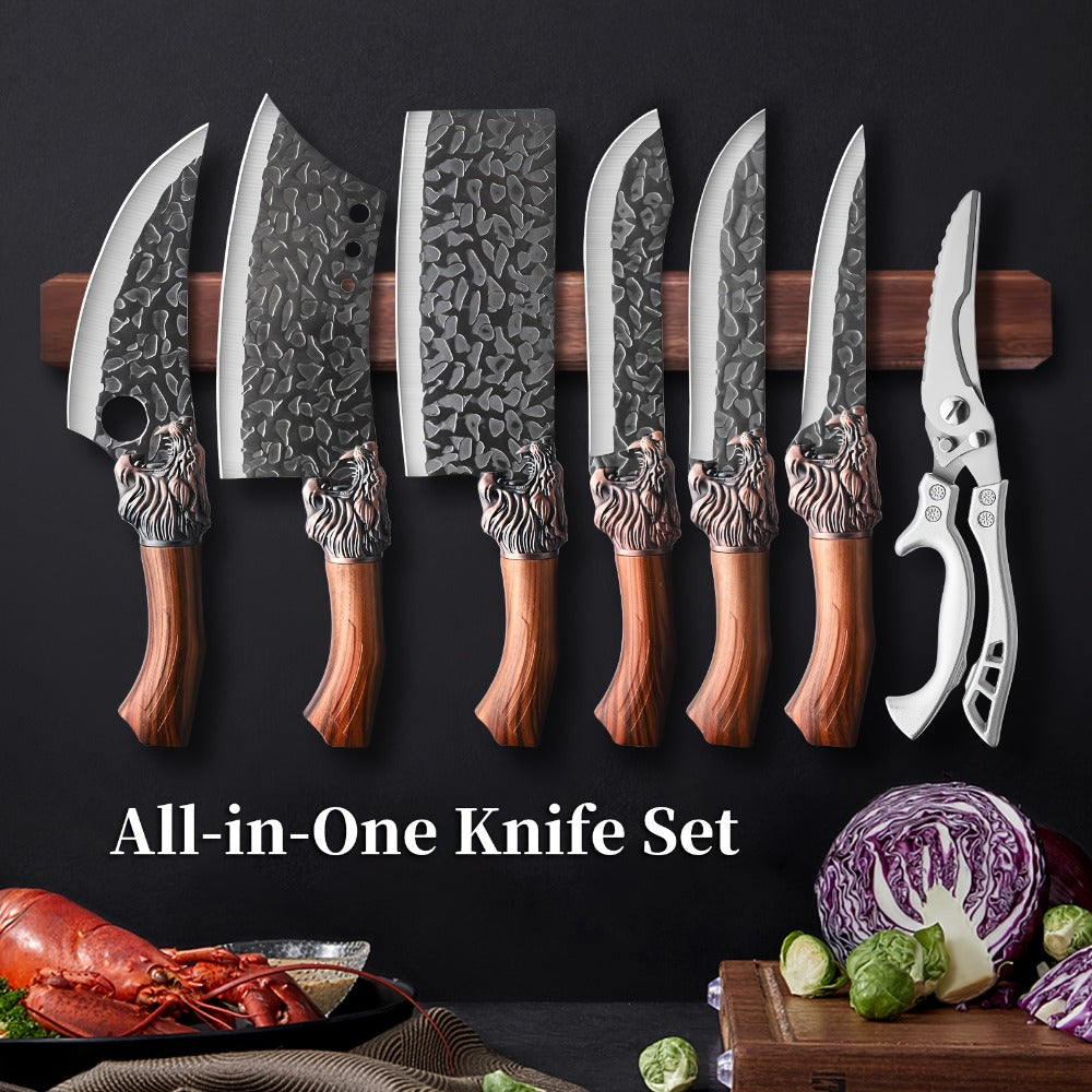 Multi-Piece Kitchen Knife Set with Stainless Steel Labels in Black Three-Piece or Brown Seven-Piece Options