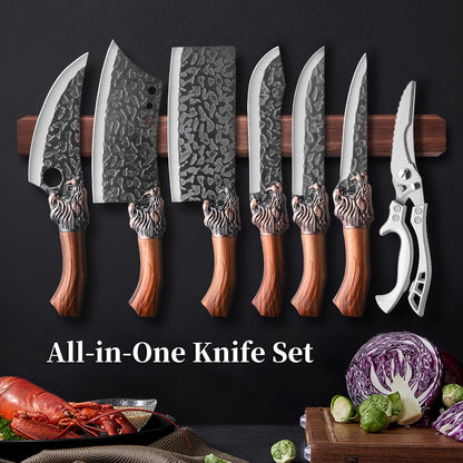 Multi-Piece Kitchen Knife Set with Stainless Steel Labels in Black Three-Piece or Brown Seven-Piece Options