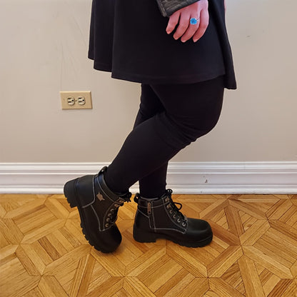 Women's Motorcycle Riding Boots, Low Heel Lace-Up Ankle Booties with Side Zipper, Non-Slip Rubber Sole Biker Combat Boots in Black Faux Leather, All-Season, US Sizes 6–11