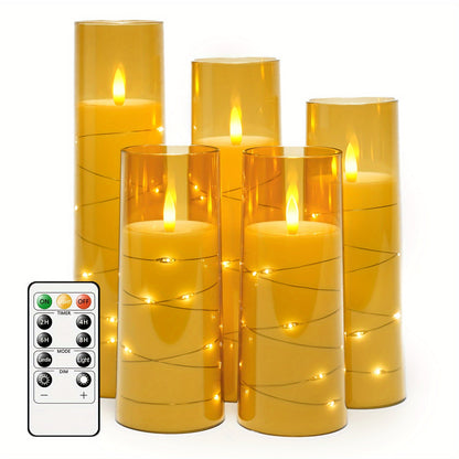Flameless LED Candles with Remote Control Timer and Star String Lights Set of 5 or 7 Pillar Candles for Wedding Garden Home Decor Anniversary Gift Grey Ivory Gold Red