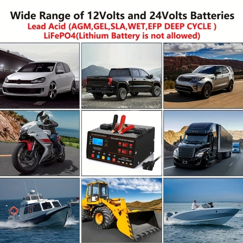 AF01 12 V and 24 V Battery Charger with LCD Display, Alligator Clamps, Carry Handle and Cooling Fan