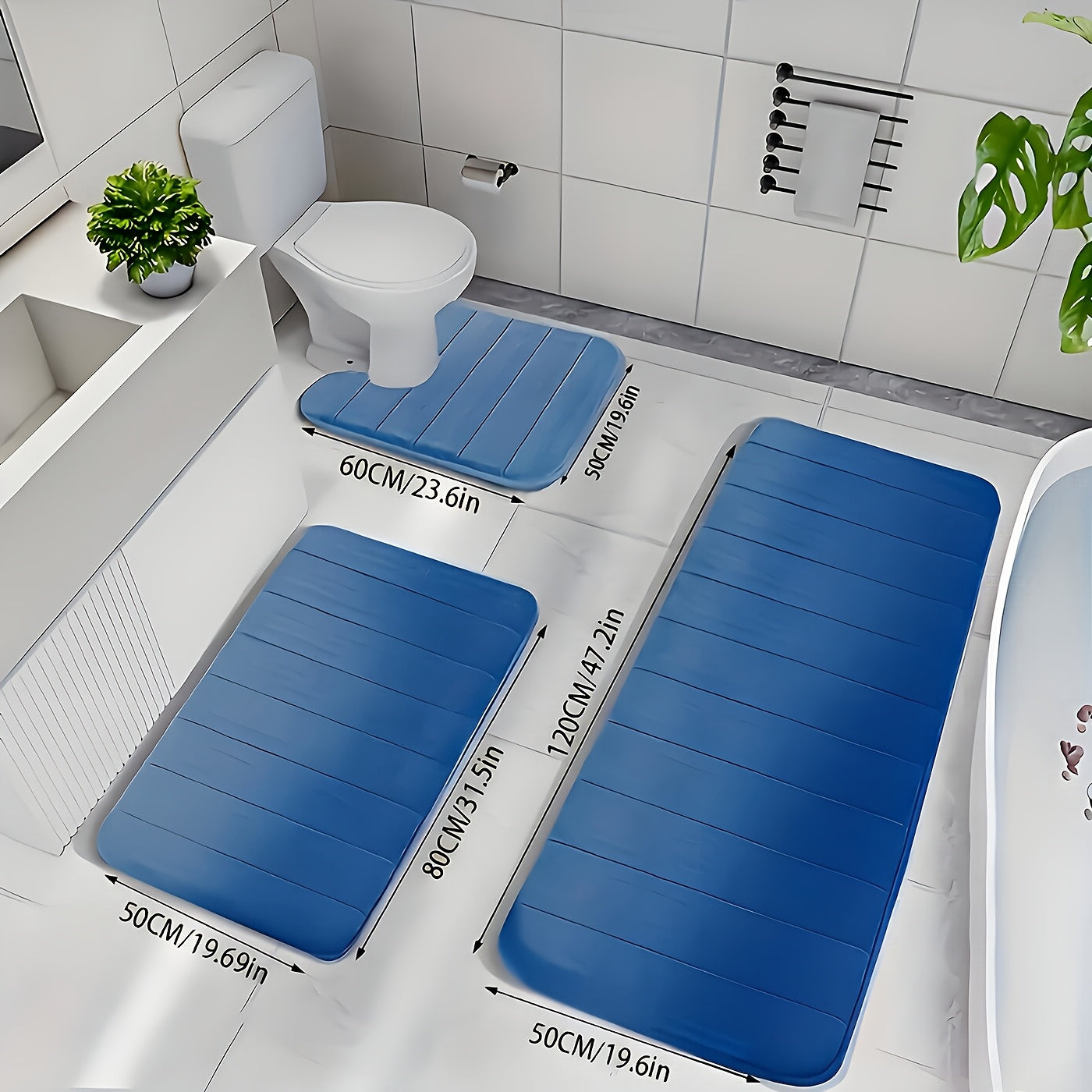 Channel-Stitched Three-Piece Padded Bath Mat Set with Long Runner and Two Matching Rugs in Nine Solid Colors