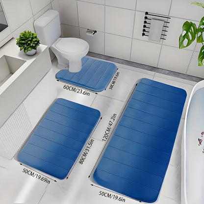 Channel-Stitched Three-Piece Padded Bath Mat Set with Long Runner and Two Matching Rugs in Nine Solid Colors