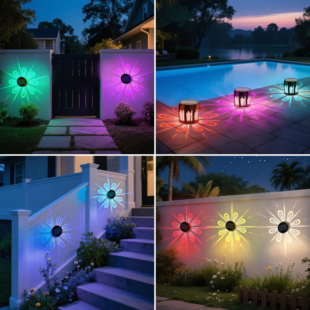 Solar Wall Lights Outdoor 2 Pack - Dusk to Dawn Auto On/Off, Decorative Projection Fence Porch Garden Lights, Weatherproof Solar Powered Yard Pathway Stair Decor, Halloween Christmas Holiday Lighting