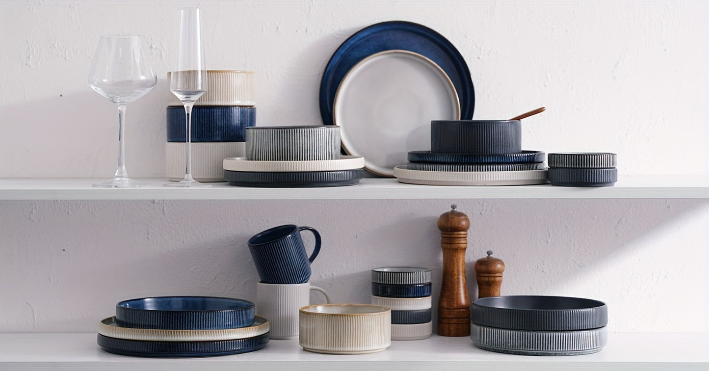 12-Piece Ribbed Dinnerware Set for Four with Dinner Plates, Salad Plates and Cereal Bowls in Two Cream Tones