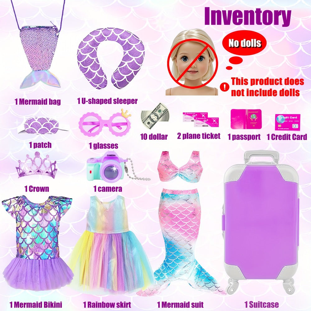 Twenty-Piece Mermaid Travel Accessory Set for 18-Inch Dolls with Purple Suitcase, Skirts and Crown