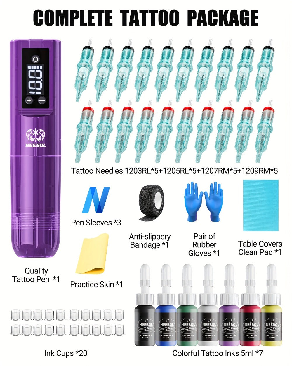 Tattoo Machine Kit Neebol Wireless Pen with Screen Display, 10 Cartridges, 7 Inks and Four Color or Pro Options