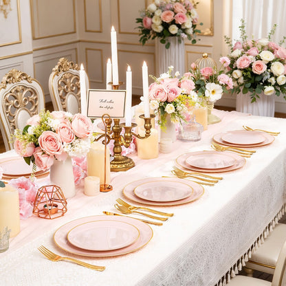 Disposable Plastic Plates Set 50 Piece - Pink Gold Rim Party Tableware with Dinner Plates, Dessert Plates & Utensils for Birthday Wedding Holiday