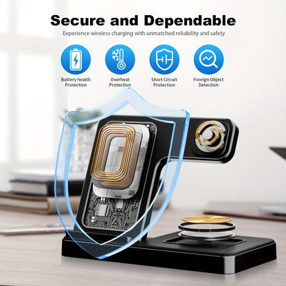 Wireless Charging Station, Foldable 3-in-1 15W Portrait-Landscape Stand with Four Black or White Adapter Options