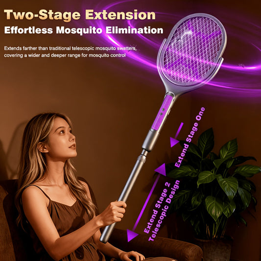 2-in-1 Mosquito Trap Lamp & Retractable Electric Fly Swatter Racket – USB Rechargeable Base, Extendable Handle Bug Zapper for Home & Bedroom Pest Control