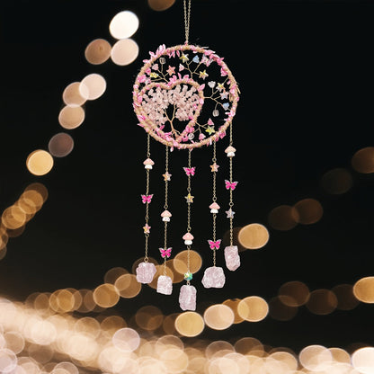 Round Beaded Wall Hanging Decor in Purple, Pink or Green with Heart Charms and Five Hanging Strands