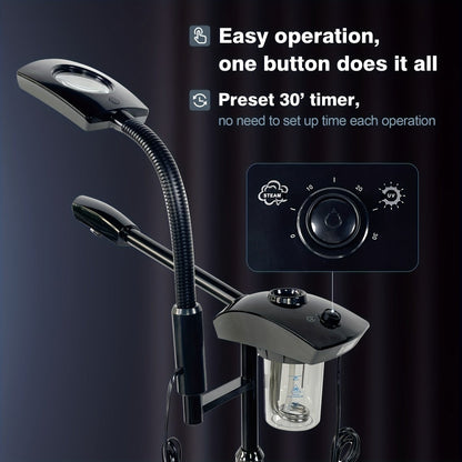 Facial Steamer with Ozone & 3X Magnifying Lamp — 2-in-1 Professional Wheeled Spa Steamer, Timer Preset, Home Face Sauna, Deep Pore Cleansing Skin Care Beauty Device for Women