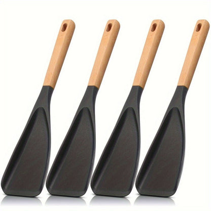 Silicone Cooking Spoon with Wooden Handle 12 Inch - Heat Resistant Nonstick Safe Kitchen Spoon for Cooking Serving Mixing Scraping, BPA Free Silicone Utensil, Black, 2 or 4 Pack