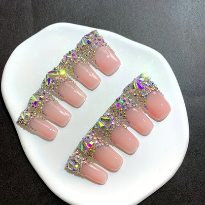 Press On Nails Duckbill French Tip AB Diamond Shiny Nude – Long Handmade Wearable Nail Set 10pcs with Tools for Wedding Party Date School S/M/L