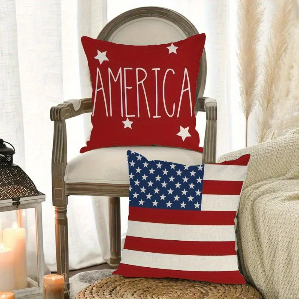 Four-Piece Patriotic Pillow Cover Set with Stars and Stripes Prints in Red, White and Blue