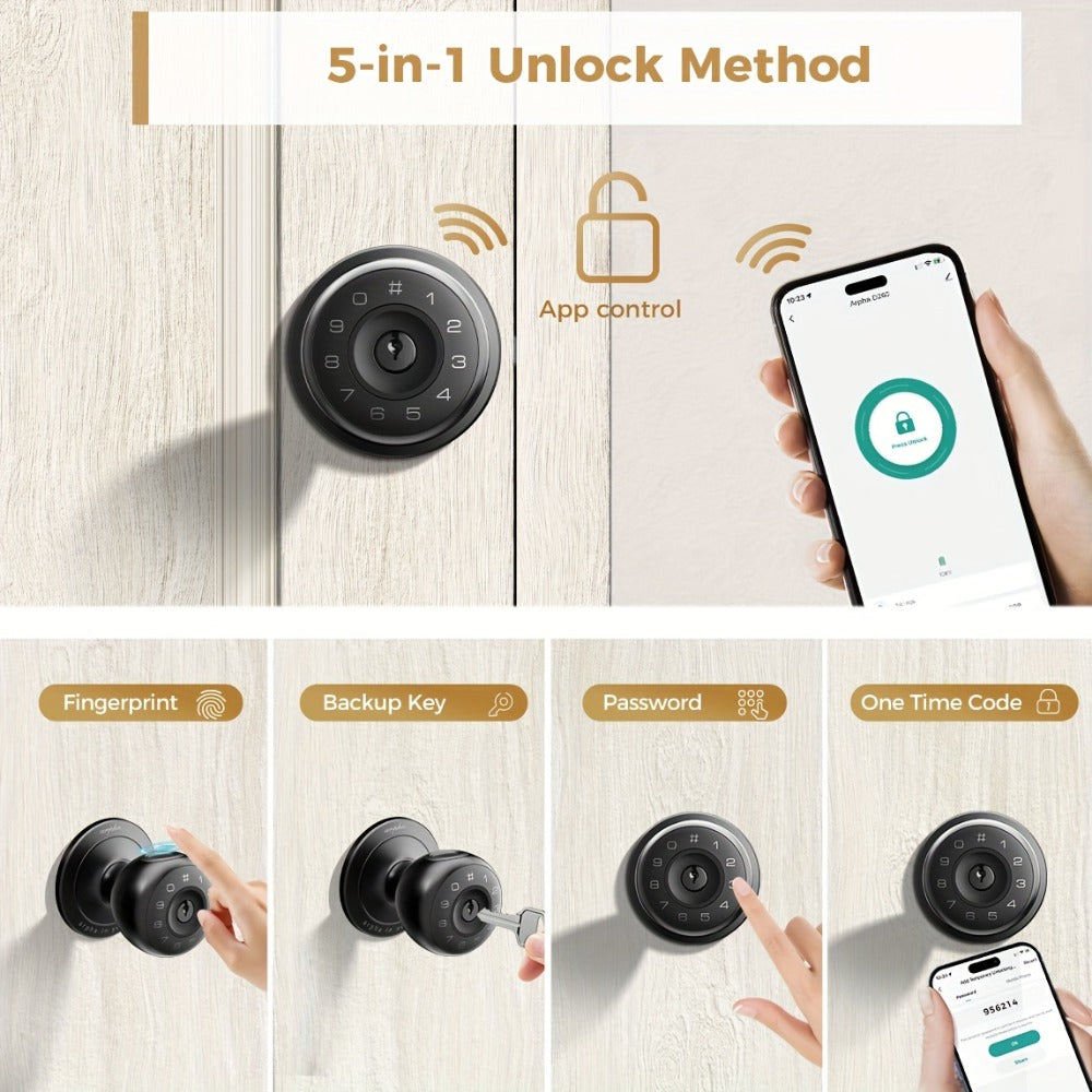 Smart Door Lock Arpha Round Knob with Fingerprint Keypad App and Mechanical Key Access in Black