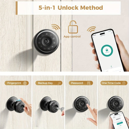 Smart Door Lock Arpha Round Knob with Fingerprint Keypad App and Mechanical Key Access in Black