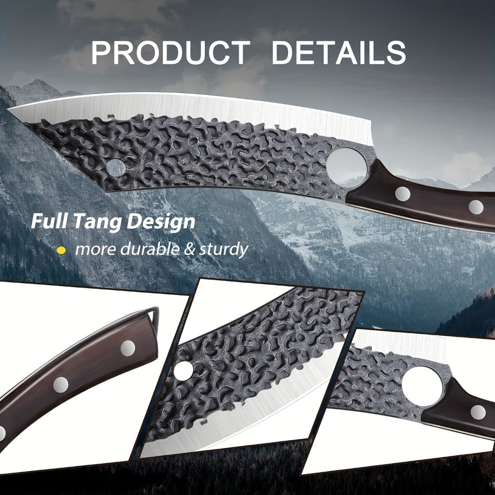 Wide 8-Inch Cleaver-Style Kitchen Knife with Finger Hole, Hammered-Look Blade and Wood-Tone Handle
