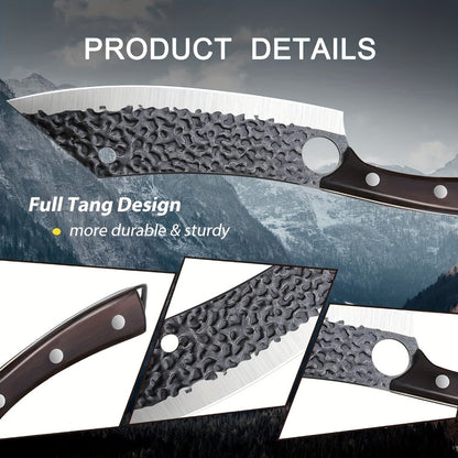 Wide 8-Inch Cleaver-Style Kitchen Knife with Finger Hole, Hammered-Look Blade and Wood-Tone Handle