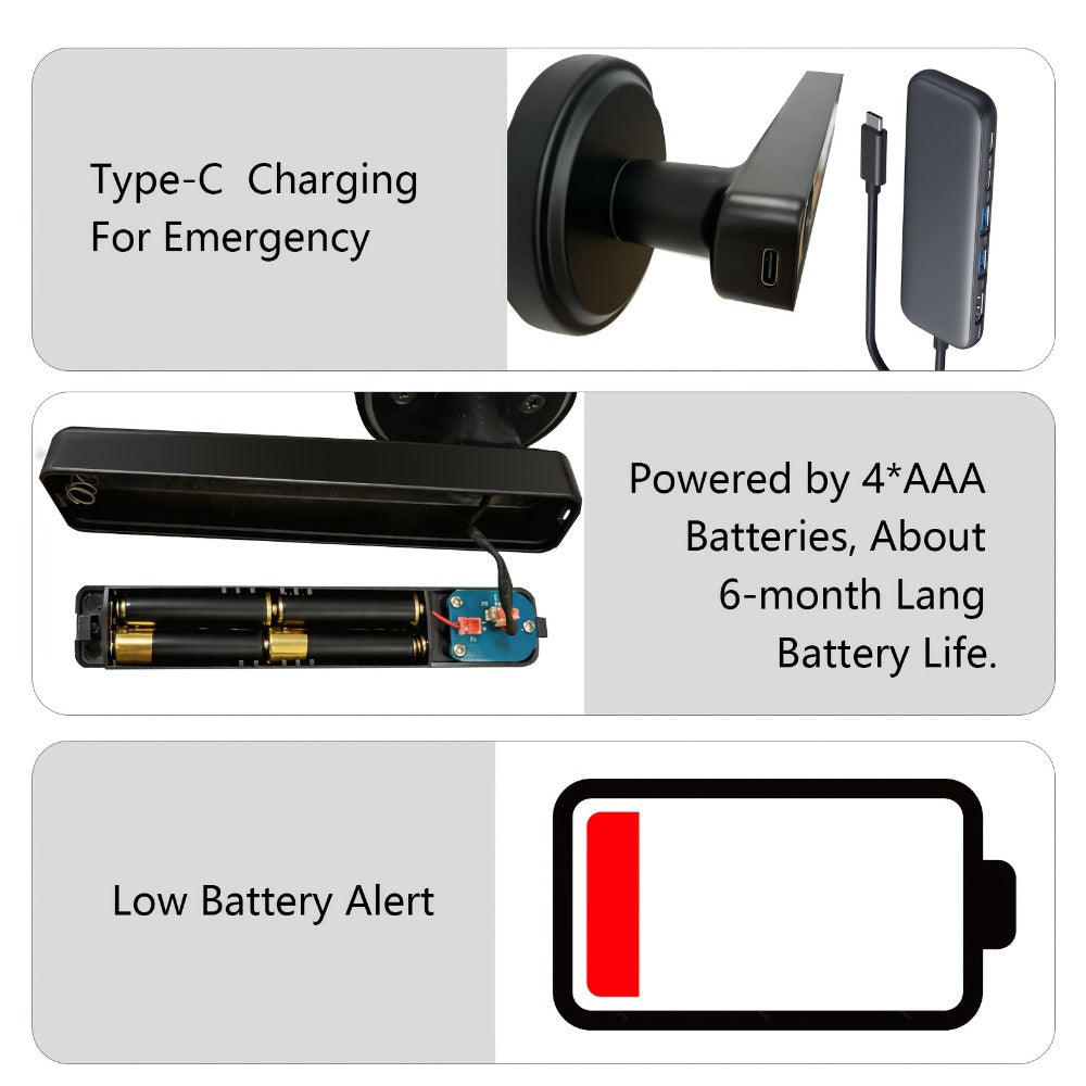 Smart Door Lock Handle with Fingerprint, PIN, IC Card and Key, 4 AAA Power and USB-C Emergency Port