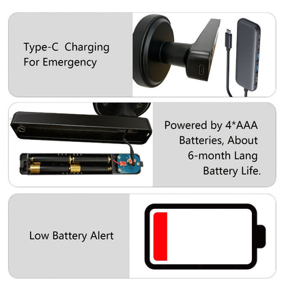 Smart Door Lock Handle with Fingerprint, PIN, IC Card and Key, 4 AAA Power and USB-C Emergency Port