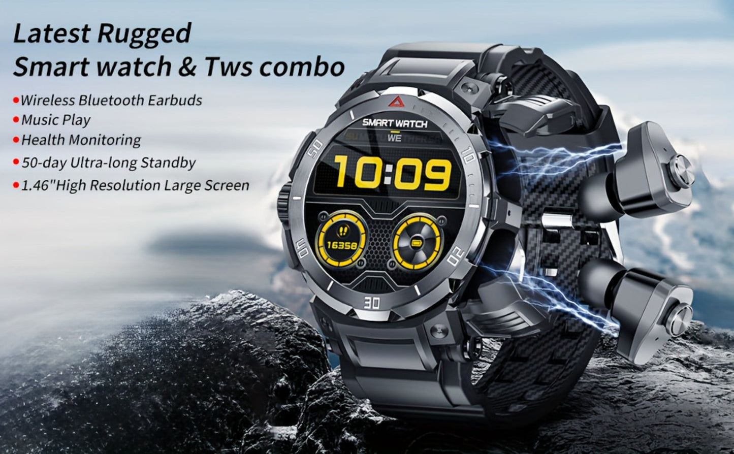 2-in-1 Smartwatch with Built-In Earphones 1.46 Inch IPS Touch Screen 100 Sport Modes Outdoor Fitness Tracker Heart Rate Blood Oxygen Sleep Monitor Weather Alarm Remote Control iPhone Android Compatible Extra Strap Included