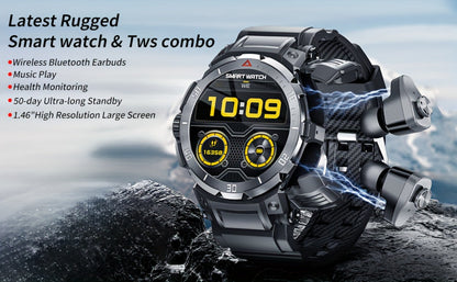 2-in-1 Smartwatch with Built-In Earphones 1.46 Inch IPS Touch Screen 100 Sport Modes Outdoor Fitness Tracker Heart Rate Blood Oxygen Sleep Monitor Weather Alarm Remote Control iPhone Android Compatible Extra Strap Included