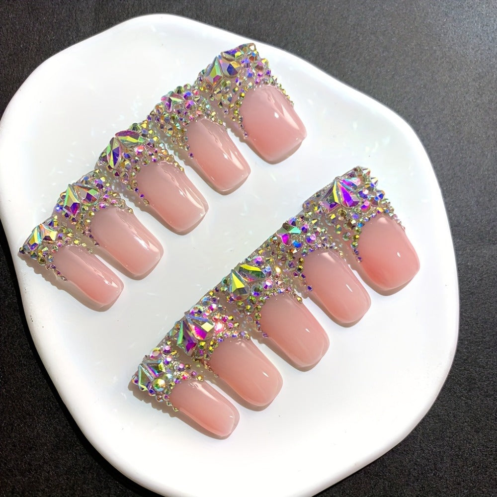Press On Nails Duckbill French Tip AB Diamond Shiny Nude – Long Handmade Wearable Nail Set 10pcs with Tools for Wedding Party Date School S/M/L