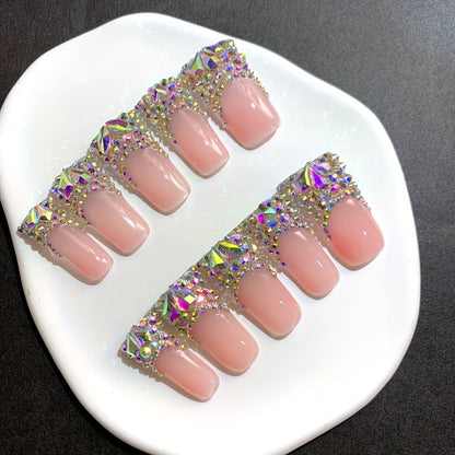 Press On Nails Duckbill French Tip AB Diamond Shiny Nude – Long Handmade Wearable Nail Set 10pcs with Tools for Wedding Party Date School S/M/L