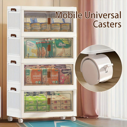 Stackable Storage Cabinet with Doors and Wheels | Collapsible Plastic Locker 1-5 Layers Large Capacity Home Organization for Bedroom Living Room Kitchen Easy Assembly Space Saving