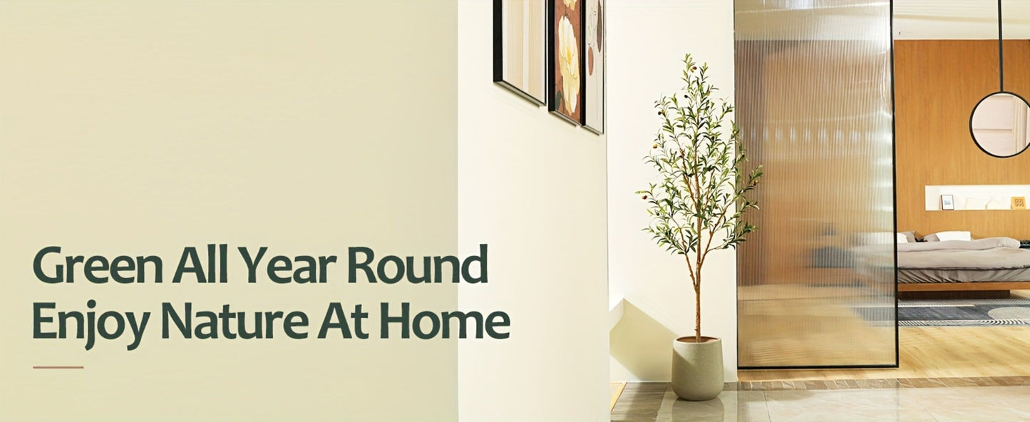 Slender Potted Olive Artificial Tree with Complete 4, 5, 6 and 7 ft Height Options and Faux Fruit Detail