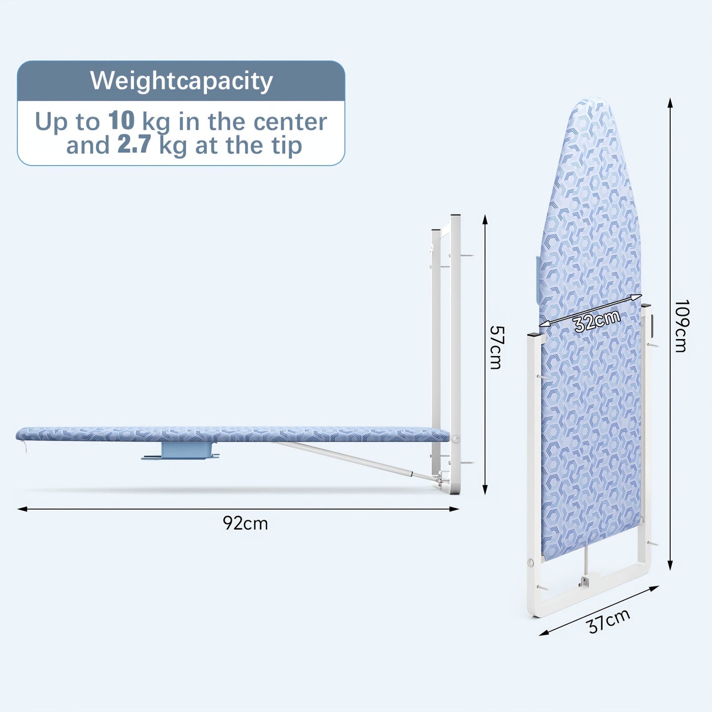 Wall-Mounted Fold-Down Ironing Board with 36-by-12-Inch Surface in Light Blue or Blue Covers