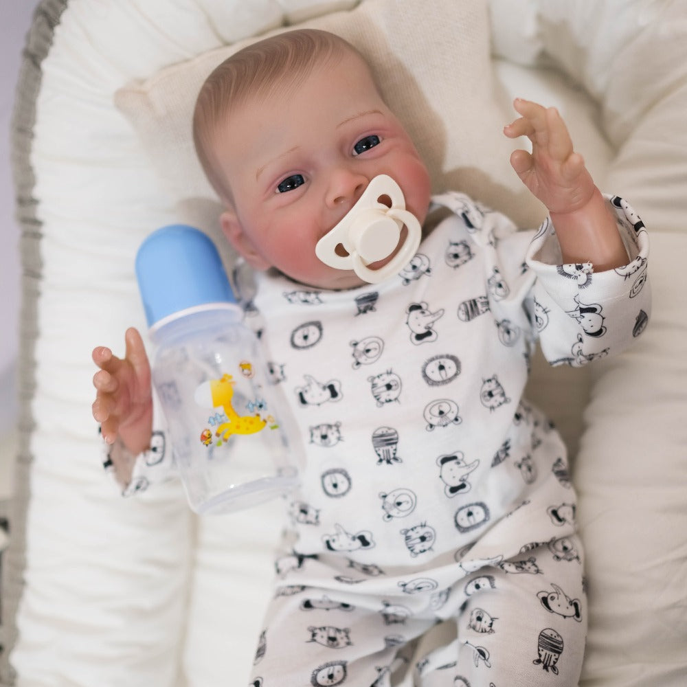 Reborn Doll, 19-Inch Cloth-Body Smiling Figure with Vinyl Head and Limbs, Printed Outfit and Bottle