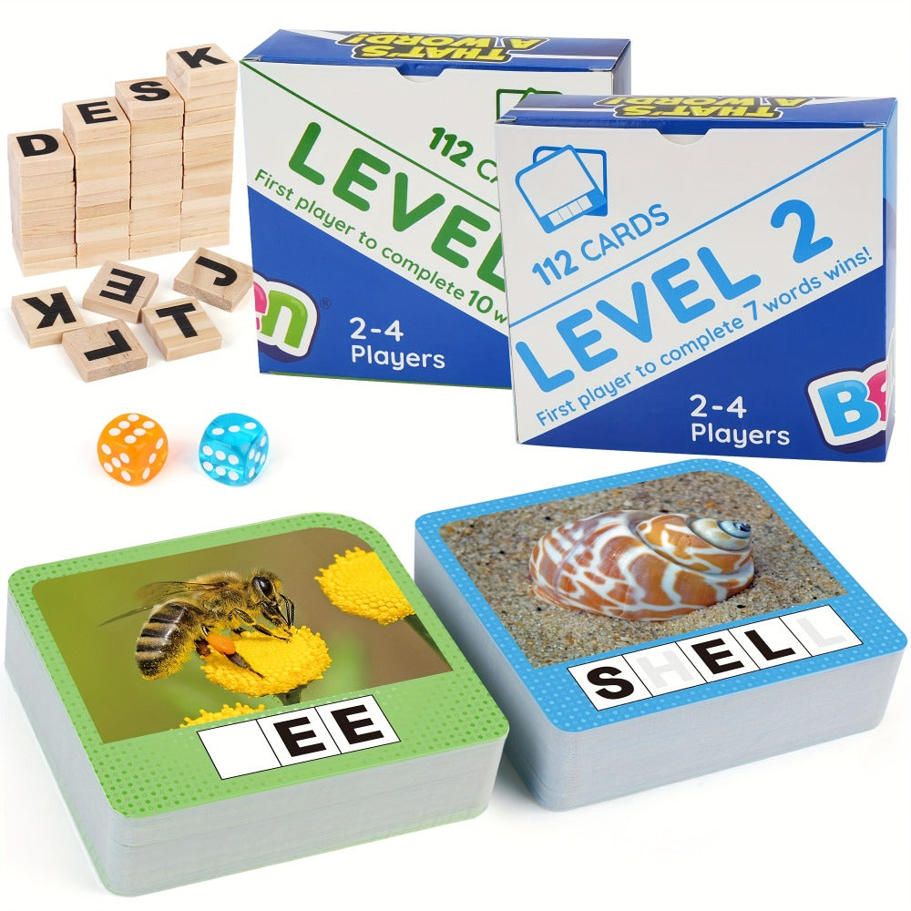 Spelling Word Game with 224 Picture Flash Cards, 208 Wooden Letter Tiles and Two Dice for Ages Four Plus