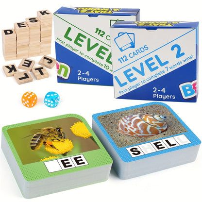 Spelling Word Game with 224 Picture Flash Cards, 208 Wooden Letter Tiles and Two Dice for Ages Four Plus