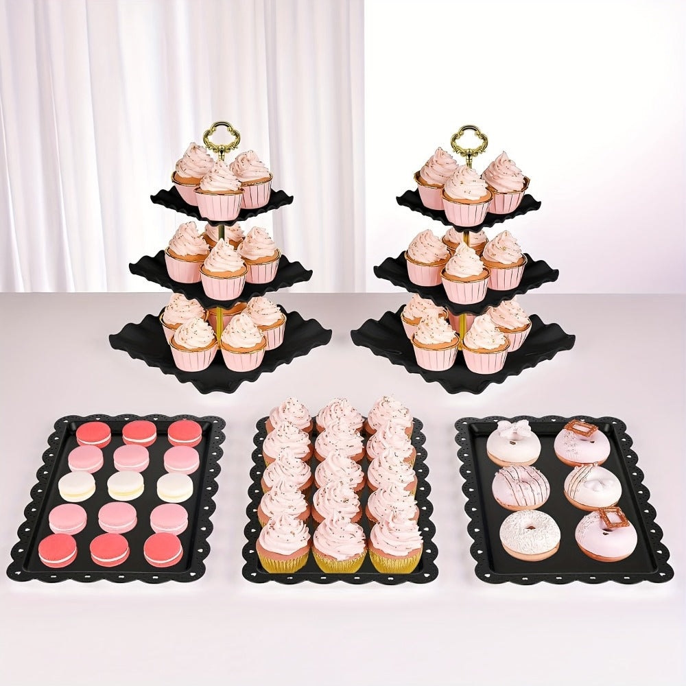 Five-Piece Cupcake Stand Set with Two Three-Tier Square Towers and Three Appetizer Trays in Pink or White