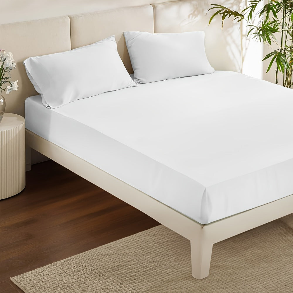 Three-Piece Bamboo Fiber Fitted Sheet Set with Pillowcases in Eight Size and Color Options for Bedrooms