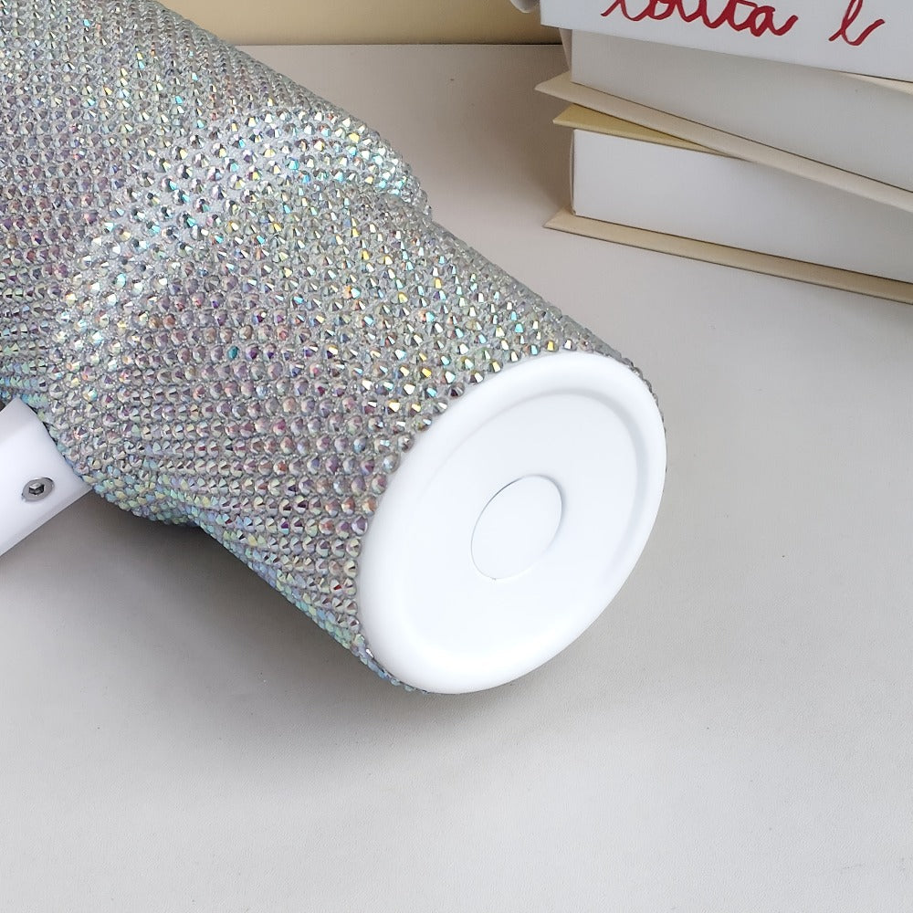 Rhinestone-Covered 40oz Stainless Steel Tumbler with Handle, Straw Lid and Textured Silver Finish
